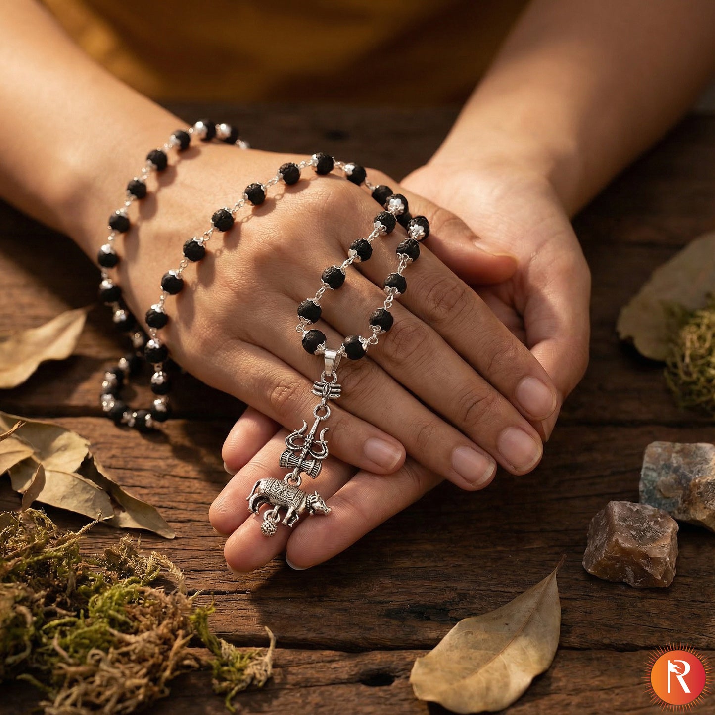 Shiva-Shakti Combo: Karungali Malai & Trishul, Damru, and Nandi Pendant with Bracelet