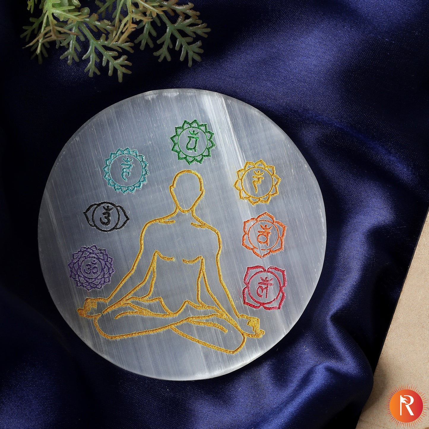 Vibrant 7 Yoga Signs Meditation Selenite Plate
