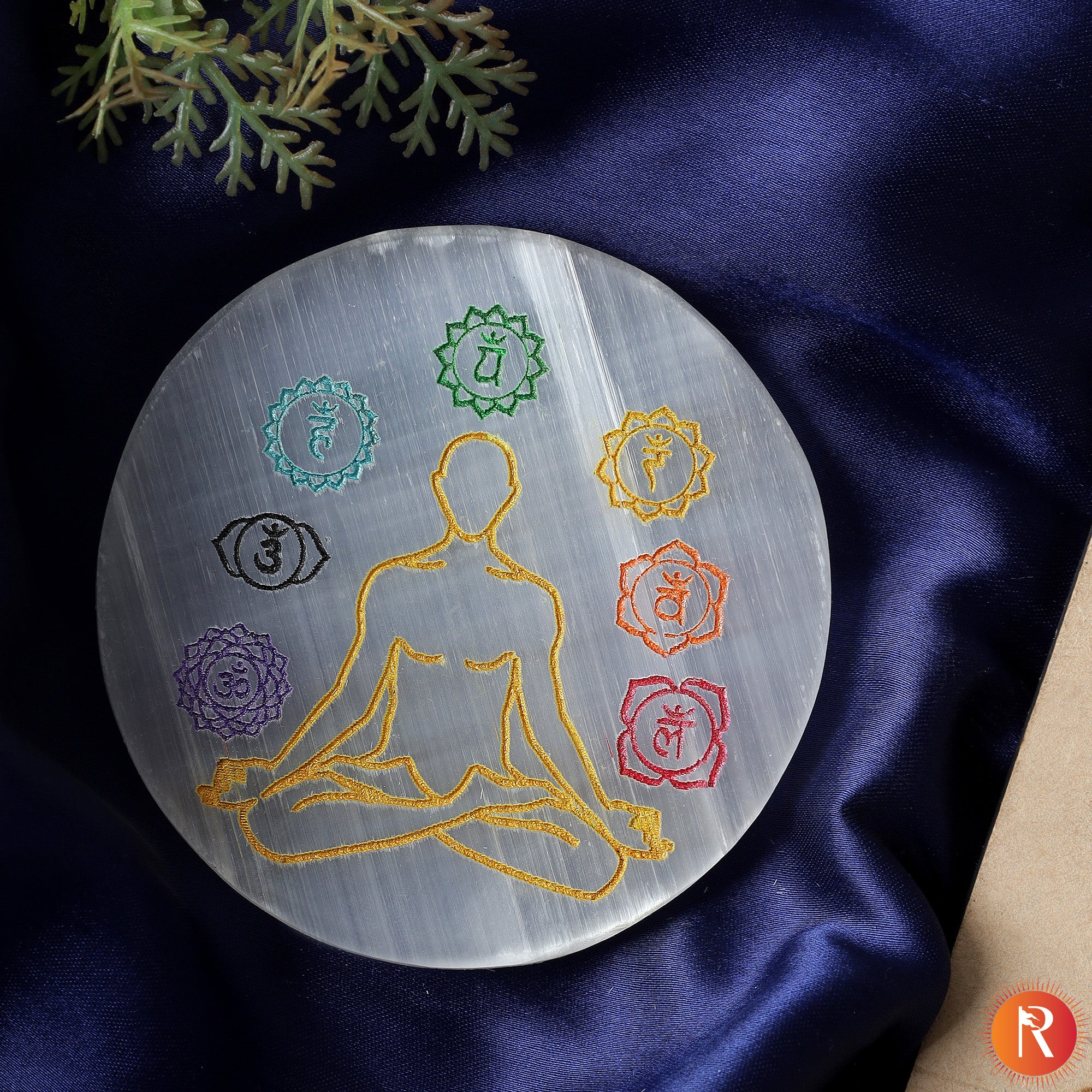 Vibrant 7 Yoga Signs Meditation Selenite Plate