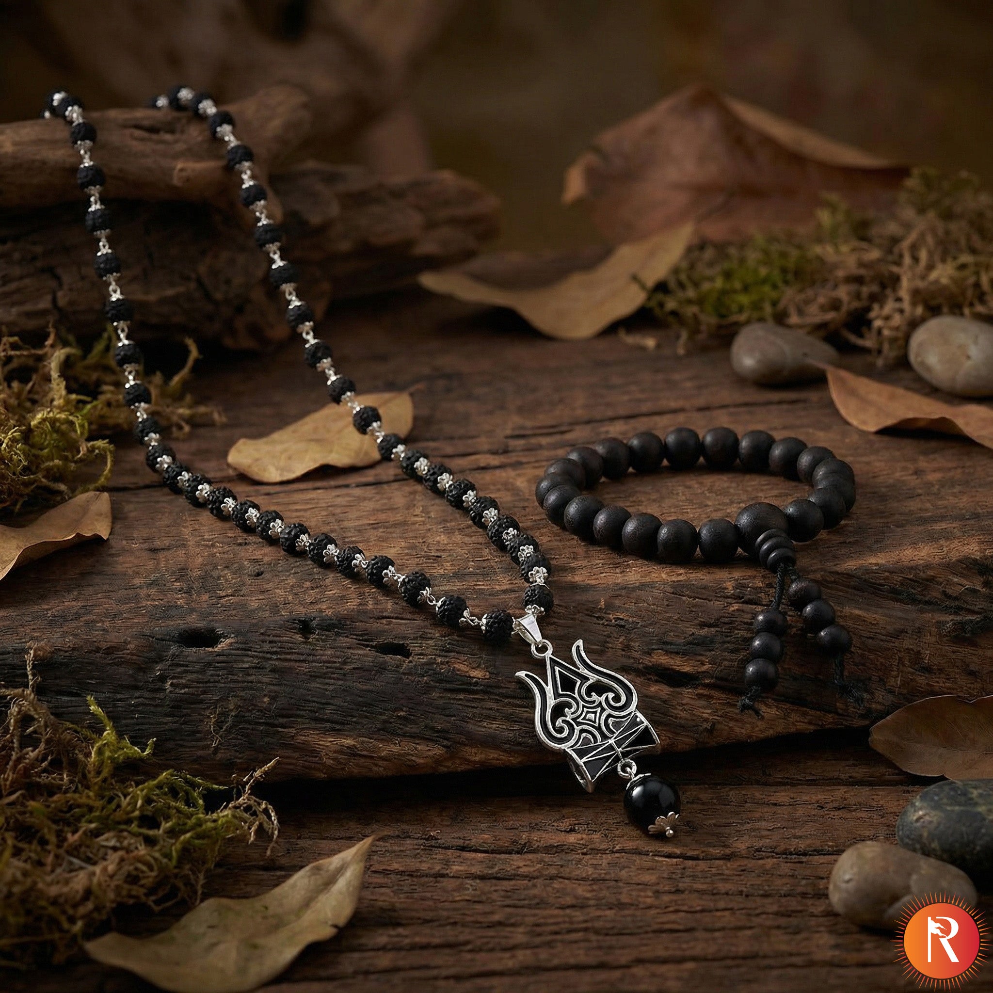 Mahadev Trishul Combo: Karungali Mala with Trishul & Damru Pendant with Bracelet