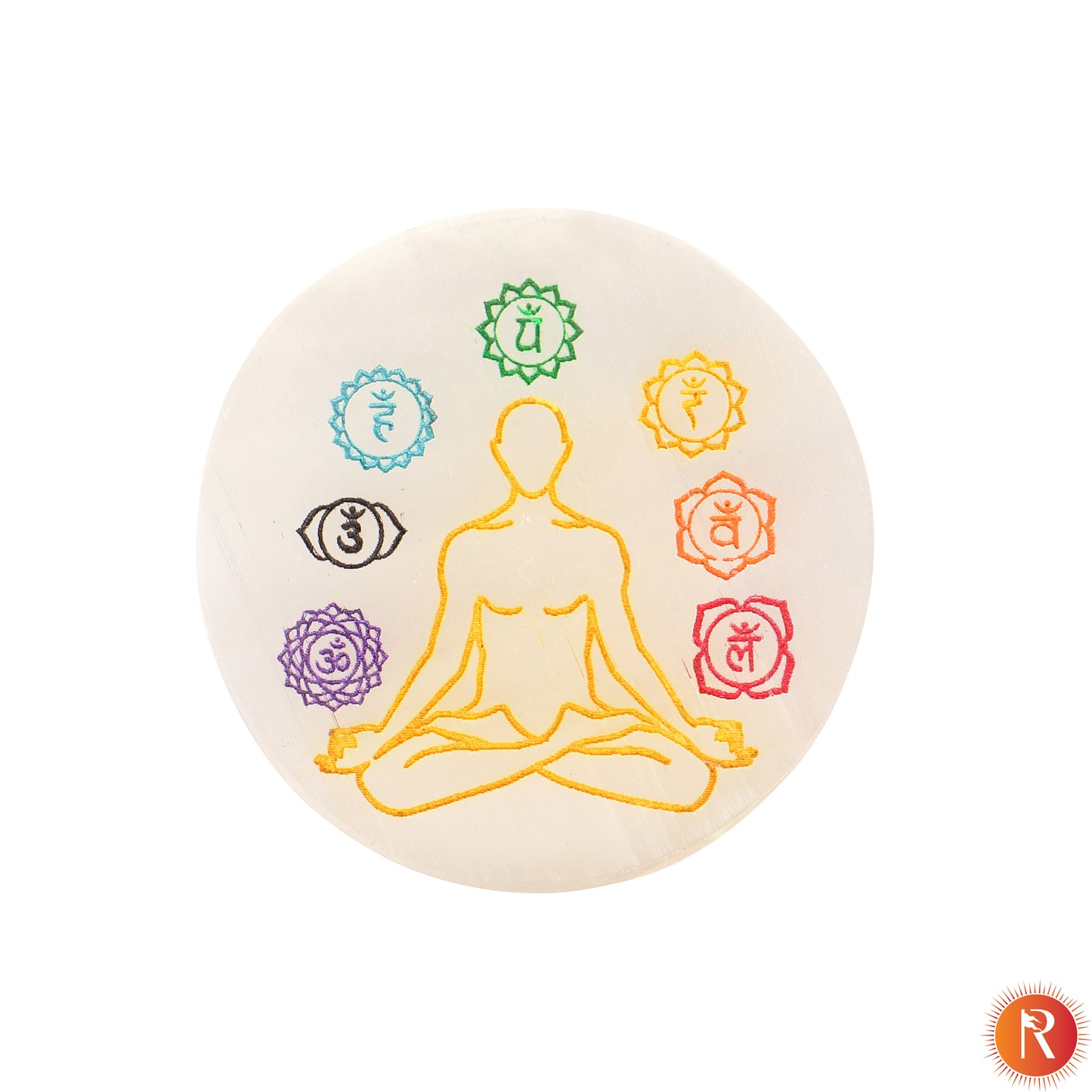 Vibrant 7 Yoga Signs Meditation Selenite Plate