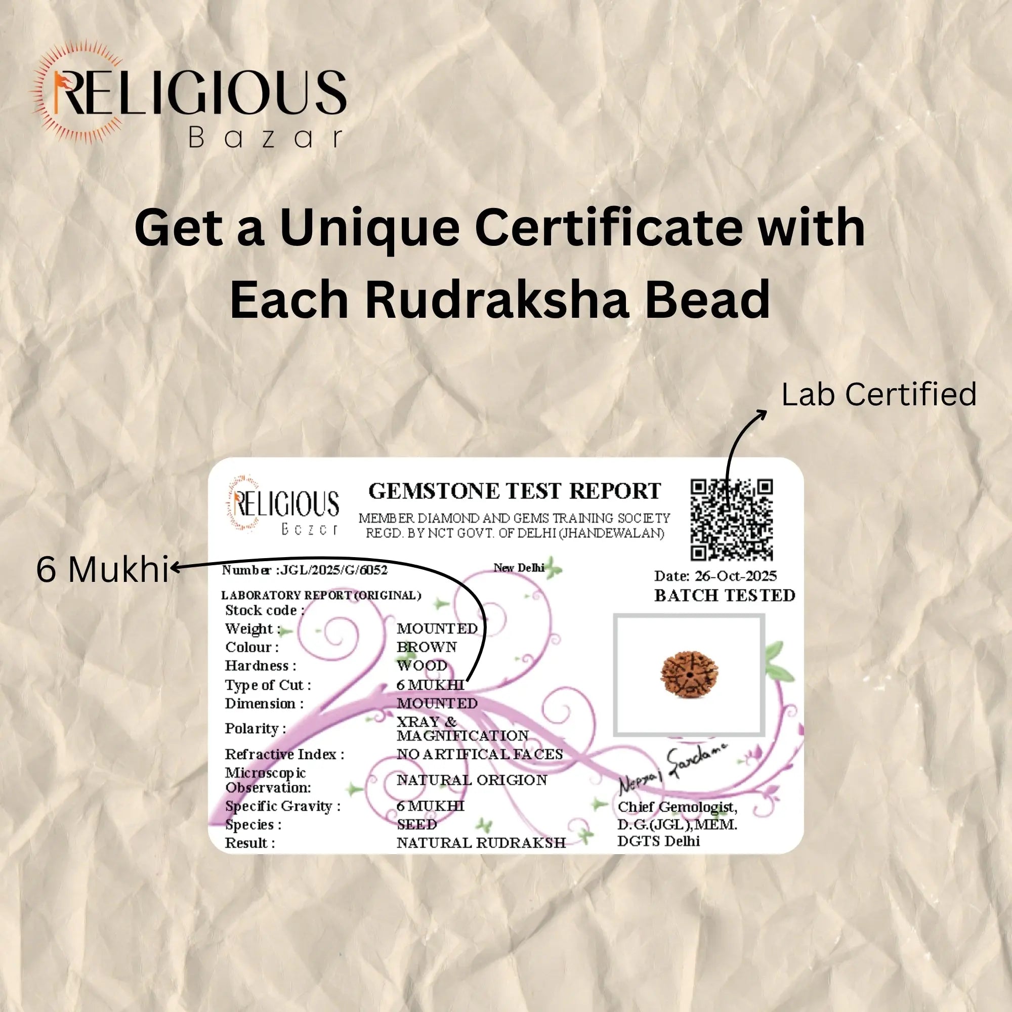 Nepal Origin 6 Mukhi Lab Certified Rudraksha - 18mm - 22mm Religious Bazar